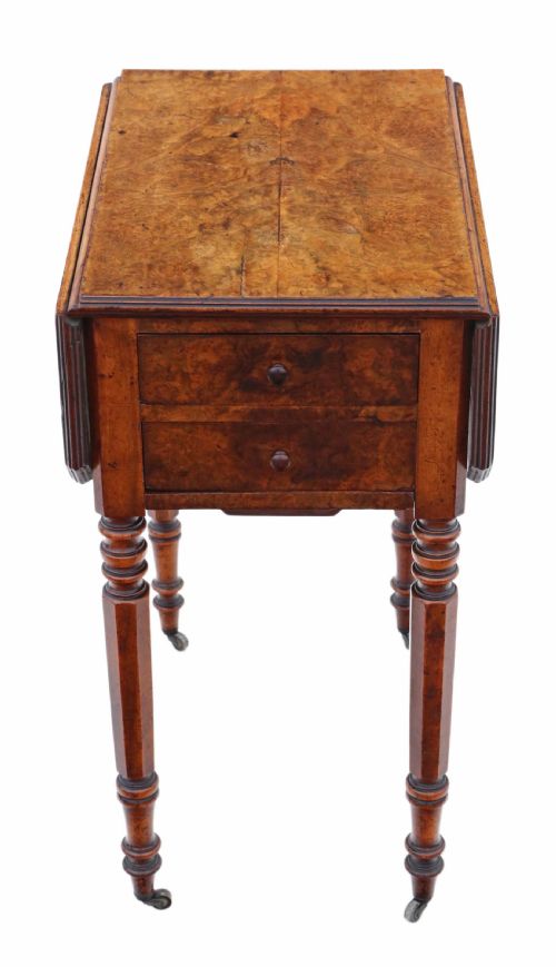ANTIQUE FINE QUALITY VICTORIAN 19TH CENTURY C1880 BURR WALNUT DROP LEAF WORK TABLE - ADDITIONAL PHOTO 1