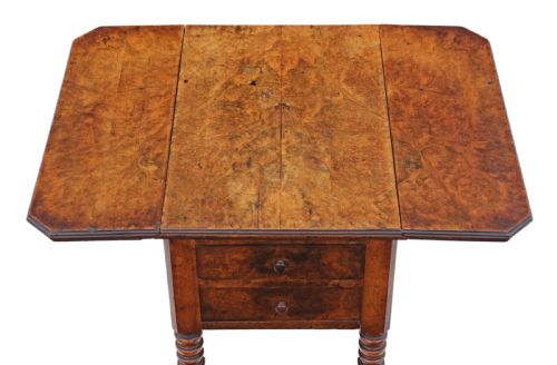 ANTIQUE FINE QUALITY VICTORIAN 19TH CENTURY C1880 BURR WALNUT DROP LEAF WORK TABLE - ADDITIONAL PHOTO 2