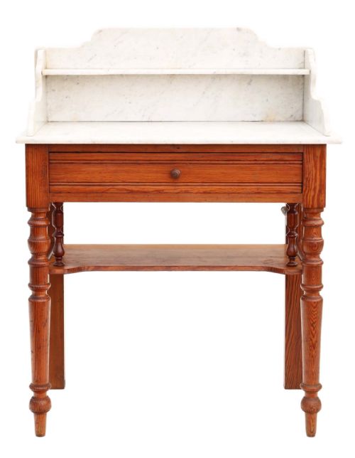 fig 1. ANTIQUE FINE QUALITY PITCH PINE AND MARBLE WASH STAND C1900 COMPACT PROPORTIONS