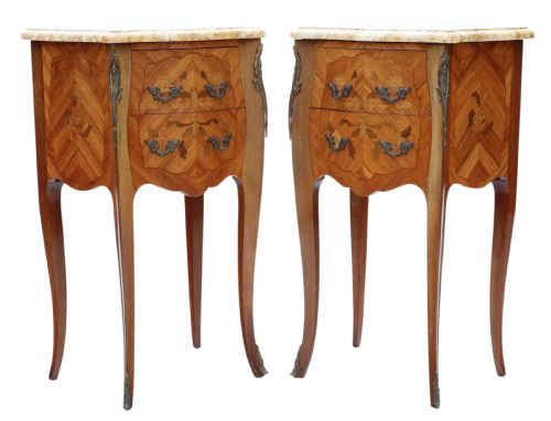 fig 1. ANTIQUE FINE QUALITY PAIR OF FRENCH MARQUETRY BEDSIDE TABLES