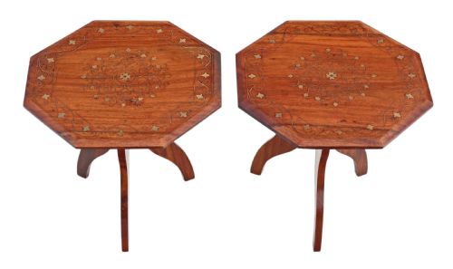 Pair of Small Folding Brass Inlaid Hardwood (Padauk) Tables