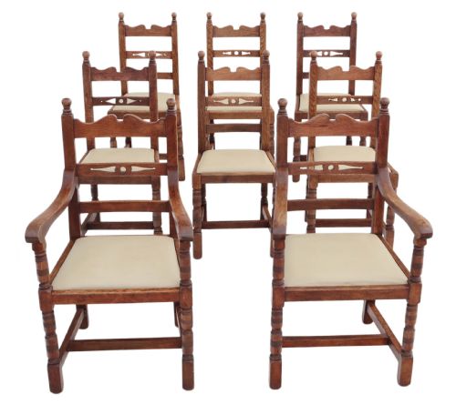 Set of 8 (6 + 2) Art Nouveau Rustic Oak Dining Chairs