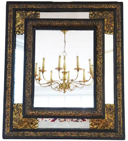 Antique Large Quality Dutch Ebonised and Gilt Overmantle Cushion Mirror 19th Century