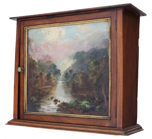 fig 1. Antique 19th Century mahogany wall cupboard with original oil painting on the door