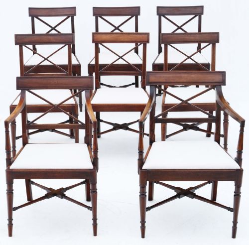 Antique Fine Quality Matched Set of 8 (6 Plus 2) Early 19th Century Regency Mahogany X-frame Dining Chairs