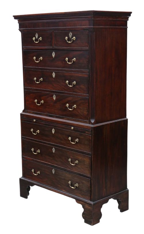 fig 1. Antique 18th Century mahogany tallboy chest on chest of drawers