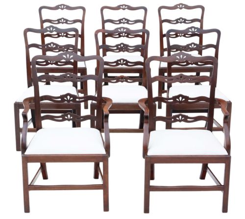 Antique Quality Set of 8 (6 + 2) Mahogany Dining Chairs 19th Century Ribbon Back