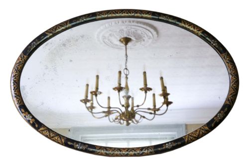Antique Large Quality Decorated Black Lacquer Oval Wall Overmantle Mirror C1915