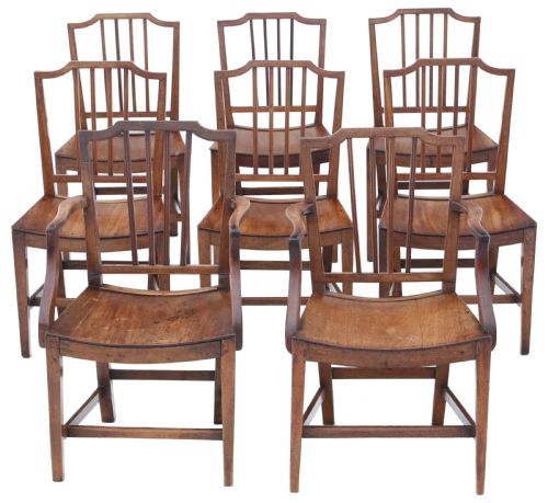 Antique Quality Set of 8 (6 + 2) Early 19th Century Mahogany Elm Kitchen Dining Chairs