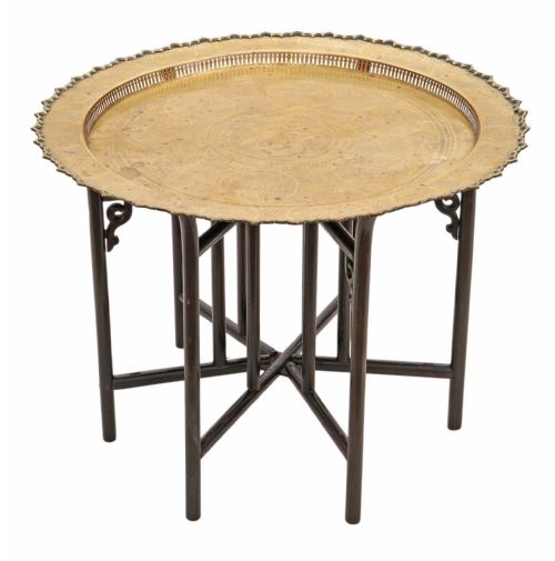 Antique Quality Very Large Oriental Brass Charger Tray Coffee Table on Ebonised Stand C1920