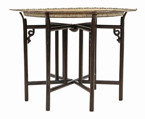 fig 1. Antique quality very large oriental brass charger tray coffee table on ebonised stand C1920