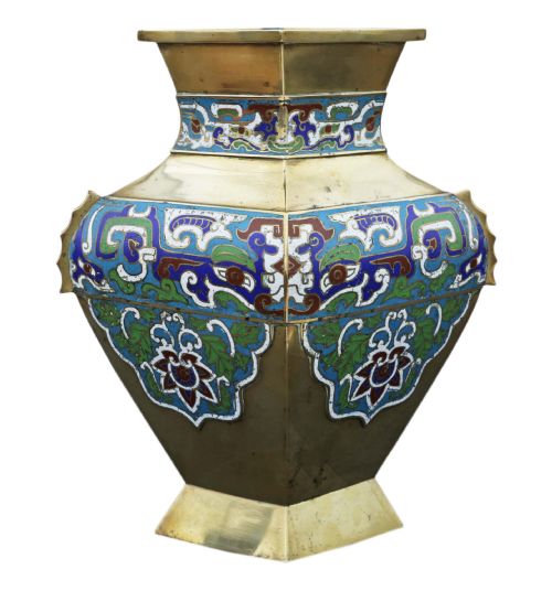 Antique Large Quality Chinese Brass Bronze Champleve Enamel Vase C1920