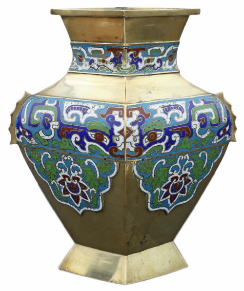 fig 1. Antique large quality Chinese brass bronze champleve enamel vase C1920
