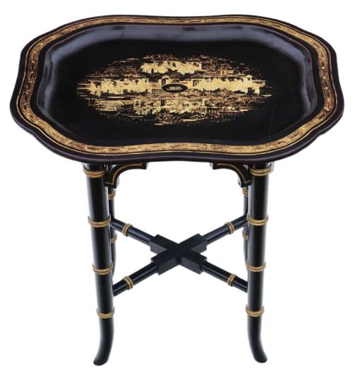 Antique Victorian C1880 Boulle Work Papier-mâché Tray on Stand Coffee Wine Table