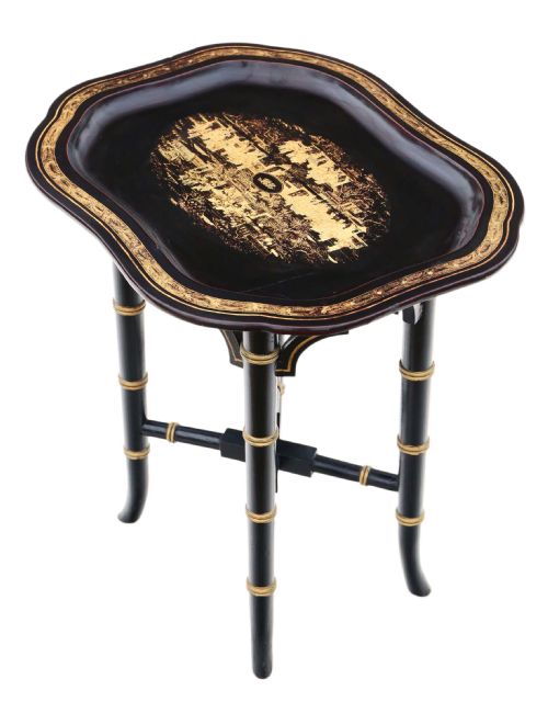 fig 1. Antique Victorian C1880 boulle work papier-mâché tray on stand coffee wine table