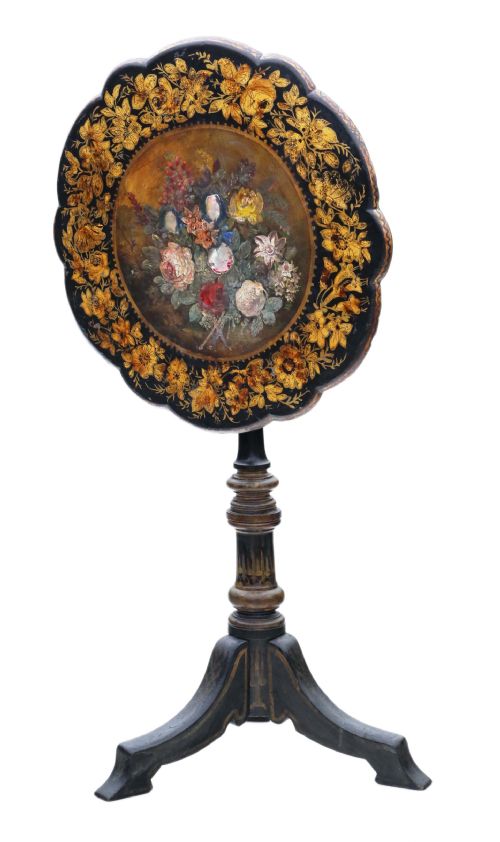 fig 1. Antique Victorian C1880 hand decorated papier mache tilt top supper and wine table