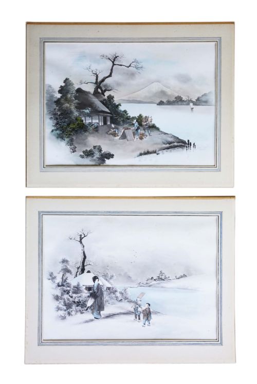 Quality Large Pair of Antique Japanese Ink and Watercolour Paintings C1910
