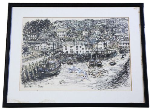 Large Pen and Wash Painting Artwork Polperro Harbour by Peter Ford C1960-70 Vintage Antique