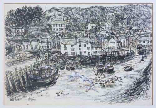 fig 1. Large pen and wash Painting Artwork Polperro Harbour by Peter Ford C1960-70 Vintage Antique