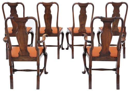 fig 1. Antique fine quality set of six Queen Anne revival burr walnut dining chairs C1910