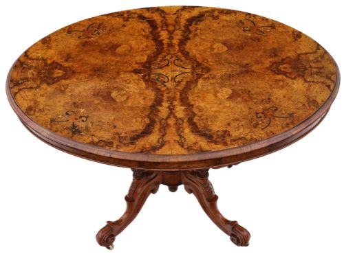 Antique Fine Quality 19th Century Victorian Burr Walnut Marquetry Oval Loo Breakfast Table Tilt Top C1870