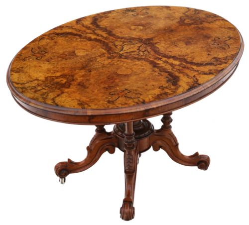 fig 1. Antique fine quality 19th Century Victorian burr walnut marquetry oval loo breakfast table tilt top C1870