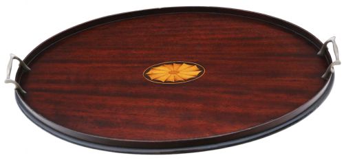 Antique Victorian Quality Inlaid Mahogany Oval Serving Tray Tea C1890
