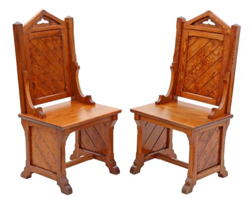 Antique Quality Pair of Gothic Pitch Pine Throne Hall Chairs C1900