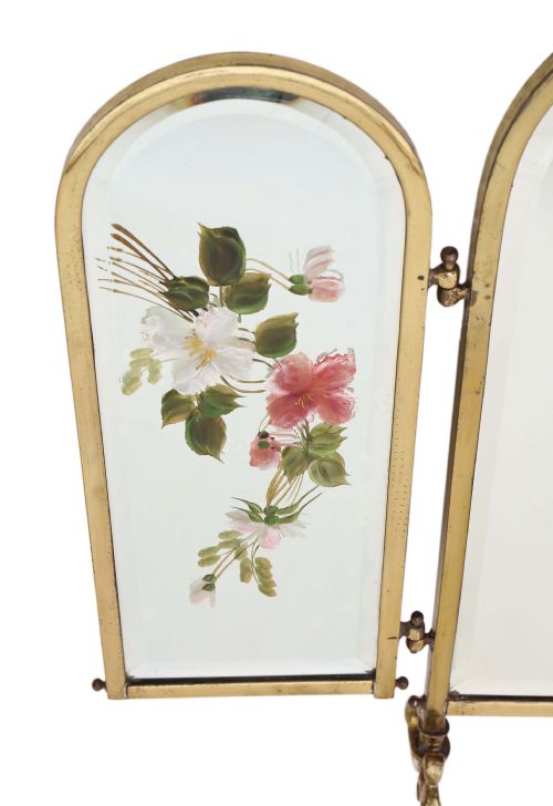 fig 1. Antique Victorian brass decorated bevel edge glass fire fireplace screen 19th Century