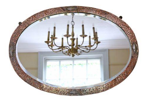 Antique Quality Oval Art Nouveau Copper and Brass Overmantle Wall Mirror C1910