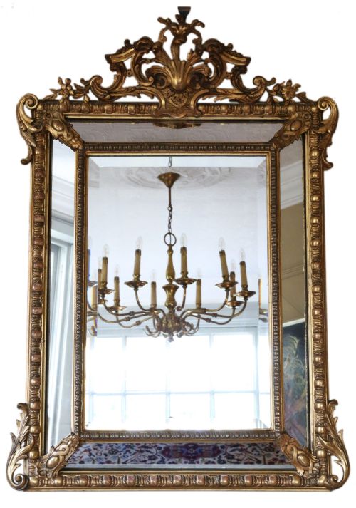 Antique Large Fine Quality Decorative Gilt Overmantle Cushion Wall Mirror 19th Century Original Gilt