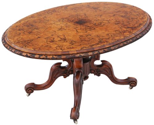 Antique Fine Quality Large 19th Century Victorian Burr Walnut Oval Loo Breakfast Table with a Tilt Top