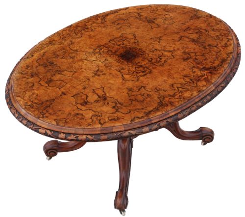 fig 1. Antique fine quality large 19th Century Victorian burr walnut oval loo breakfast table with a tilt top