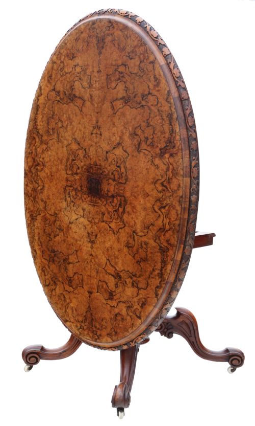 fig 2. Antique fine quality large 19th Century Victorian burr walnut oval loo breakfast table with a tilt top