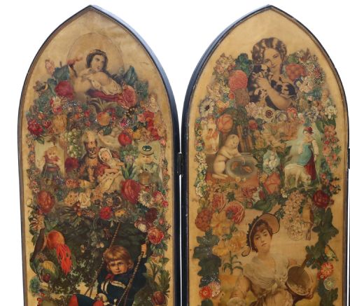 fig 1. Antique large fine quality Victorian Gothic arched 19th Century decoupage dressing screen