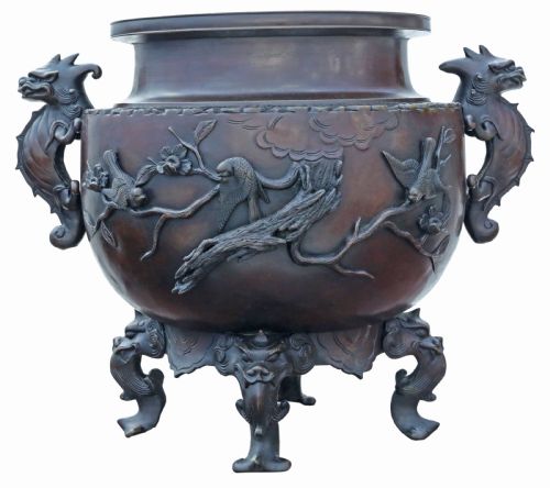 Antique Very Large 18" Fine Quality Japanese Oriental Bronze Jardinière Planter Bowl Censor Meiji Period C1900