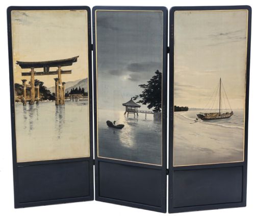 Antique Large Fine Quality Oriental Japanese /Chinese C1900 Black Lacquer Dressing Screen