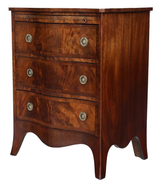 fig 1. Antique quality small Georgian revival flame mahogany serpentine front chest of drawers C1900