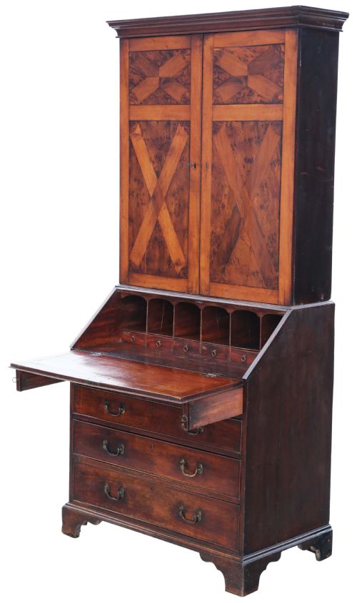fig 2. Antique quality Georgian C1800 yew & mahogany bureau bookcase