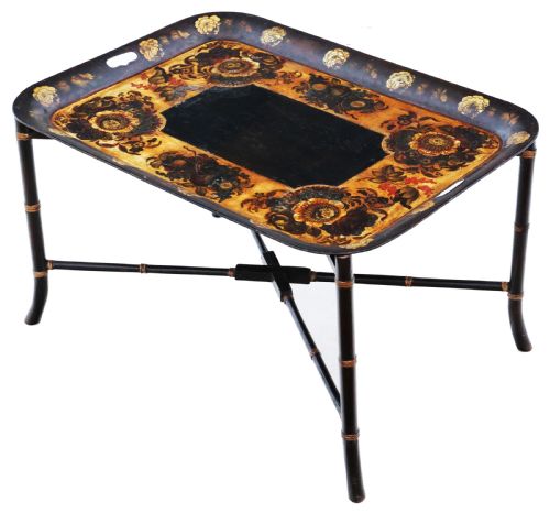 fig 1. Antique quality Victorian 19th Century decorated black lacquer tray coffee table