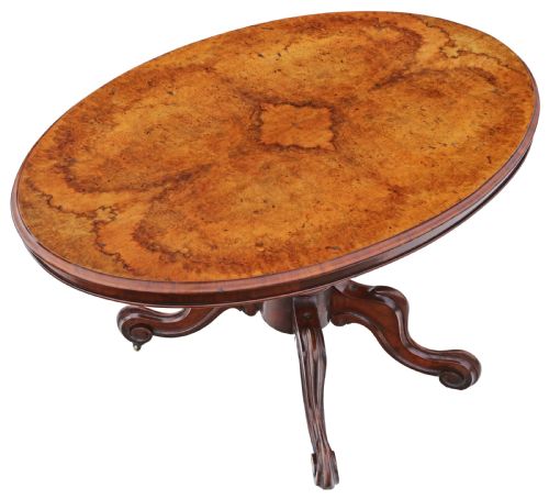 fig 1. Antique fine quality large Victorian 19th Century burr walnut oval breakfast table with tilt top