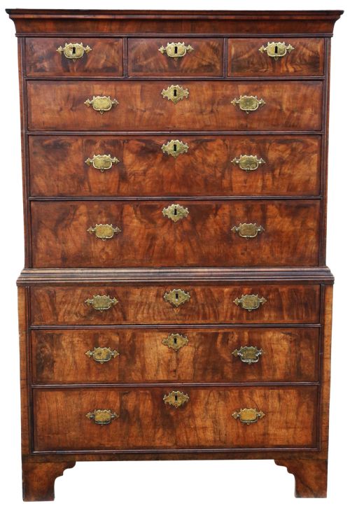 Antique Fine Quality 18th Century Burr Walnut Tallboy Chest on Chest of Drawers