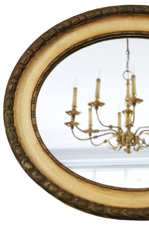 ANTIQUE QUALITY OVAL GILT AND CREAM OVERMANTLE WALL MIRROR 19TH CENTURY - ADDITIONAL PHOTO 1