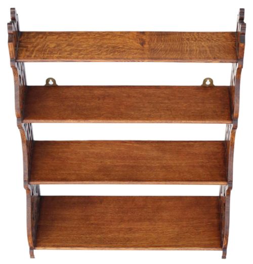 fig 1. Antique quality Victorian Gothic C1900 fret cut oak bookcase wall shelves.