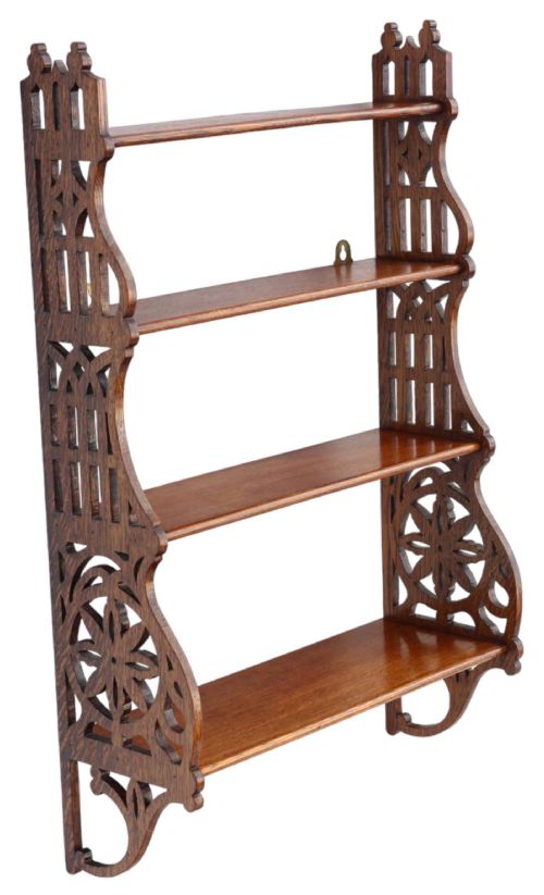fig 2. Antique quality Victorian Gothic C1900 fret cut oak bookcase wall shelves.
