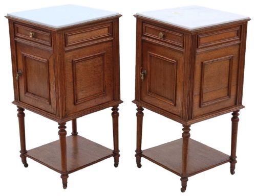 Antique Quality Pair of French Oak Bedside Tables Cupboards Marble Tops