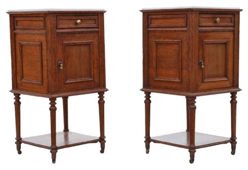 fig 1. Antique quality pair of French oak bedside tables cupboards marble tops