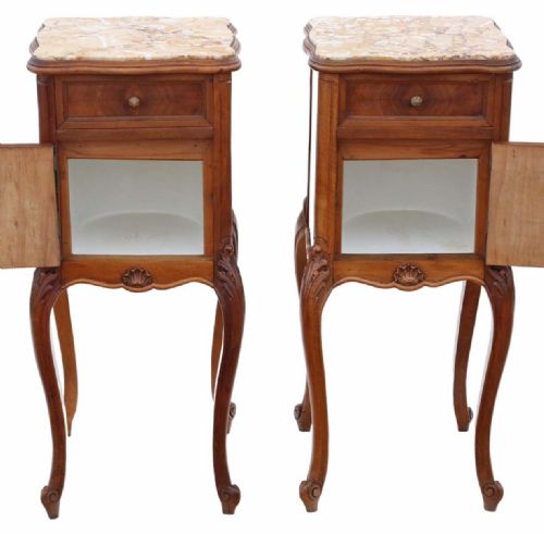 fig 1. Antique quality pair of French walnut bedside tables cupboards marble tops