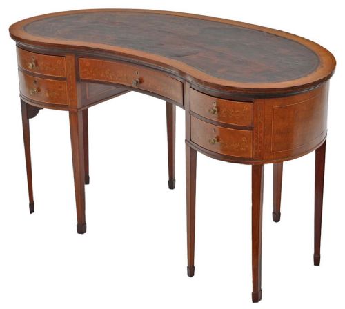 Antique Fine Quality Large C1900 Inlaid Mahogany Kidney Shaped Jas Shoolbred Twin Pedestal Desk, Dressing or Writing Table