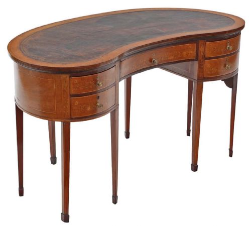 fig 1. Antique fine quality large C1900 inlaid mahogany kidney shaped JAS Shoolbred twin pedestal desk, dressing or writing table
